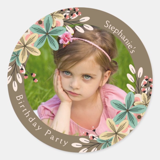 Floral Photo Round Sticker (Front)