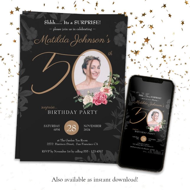 Floral Photo Surprise 50th Birthday Invitation (50th Surprise Birthday Chic Floral Botanical Photo Invitation)