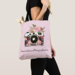 Floral Photography Business Company Name Camera Tote Bag<br><div class="desc">This beautiful floral tote bag is a great way to advertise your photography business with a modern watercolor camera with floral elements and your company website on a rose gold / light pink background. Use this branded bag to carry your camera gear, or as a marketing, promotional, or advertising tool....</div>
