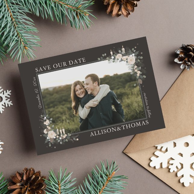 Floral Pine Holiday Winter Christmas Wedding Save The Date (Creator Uploaded)