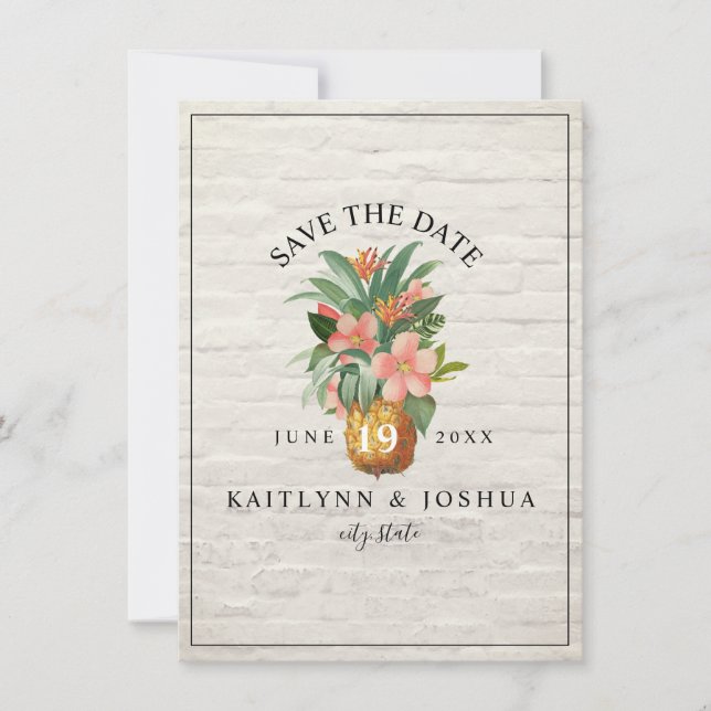 Floral Pineapple Brick Beach Photo Wedding Save The Date (Front)