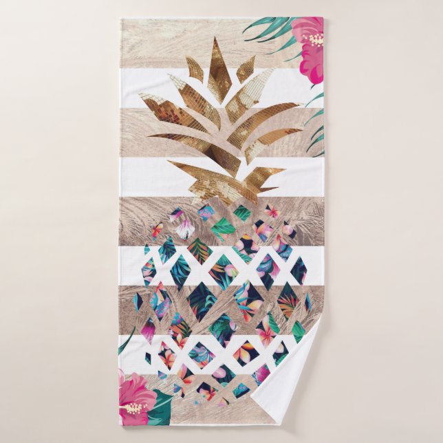 Floral Pineapple gold striped design Bath Towel Set (Bath Towel)
