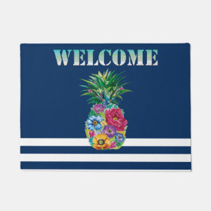 Floral Pineapple Nautical Navy Blue Striped   Doormat