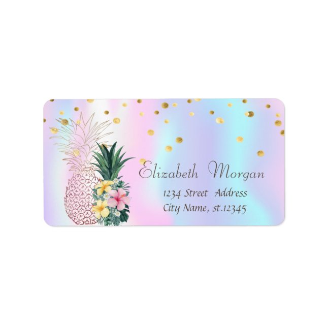 Floral Pineapples Gold Foil Confetti Holographic Label (Front)