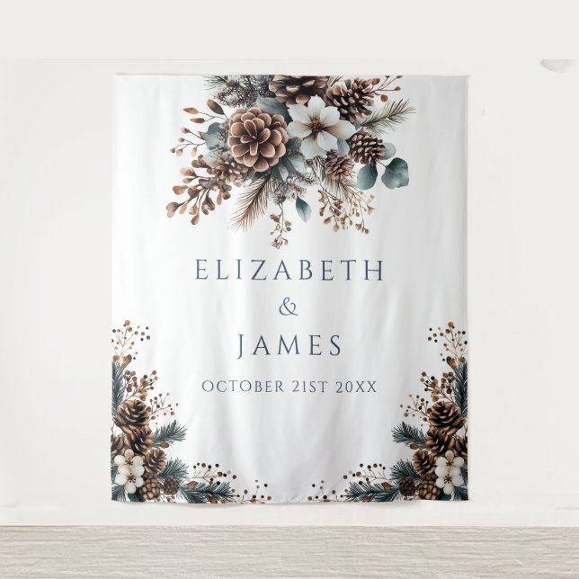 Floral Pinecone Wedding Party Photo Booth Backdrop Tapestry (Front)