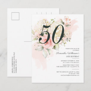 Floral Pink 50th Birthday Botanical Party Invitation Postcard