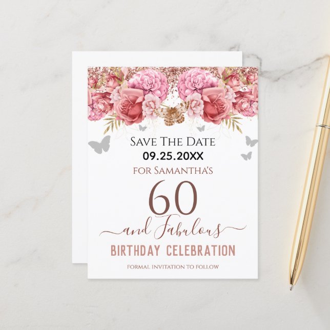 Floral Pink 60th Birthday Save the Date (Front/Back In Situ)
