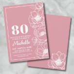 Floral Pink 80th Birthday Invitation<br><div class="desc">Introducing a chic and elegant 80th birthday party invitation, perfect for celebrating eighty years old in style. The design features a deeper pink background, almost like a rose gold colour, with delicate anemone flower line art running down the right side. While these are anemone flowers, they can pull off a...</div>