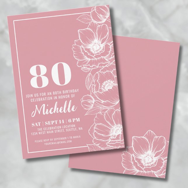 Floral Pink 80th Birthday Invitation (Floral Pink 80th Birthday Invitation)