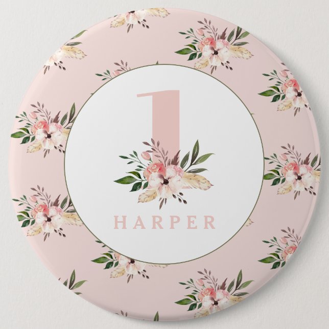 Floral pink age personalized button (Front)