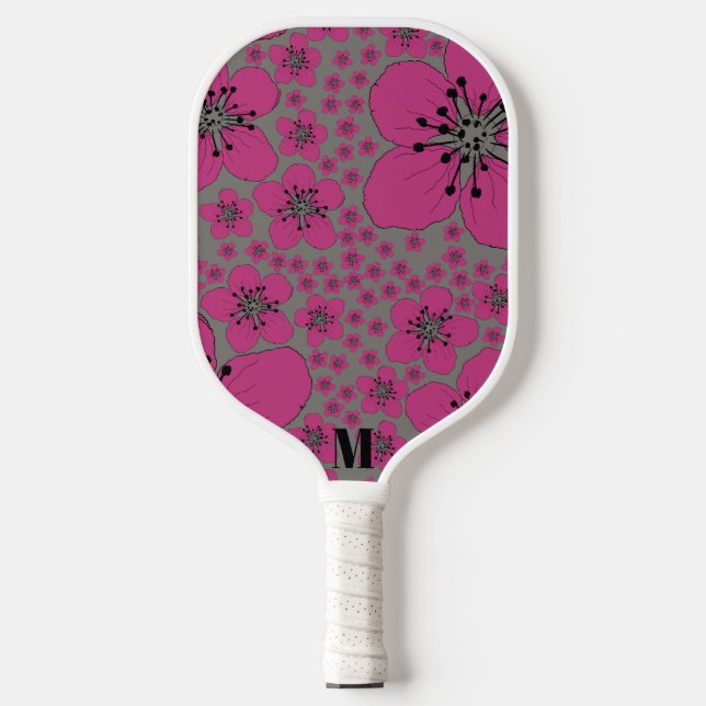 Floral Pink and Black Modern Monogram  Pickleball Paddle (Front)