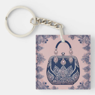 Floral pink and blue AI art Keychain
