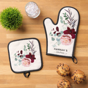 Floral Pink and Burgundy Bloom Personalized Oven Mitt & Pot Holder Set