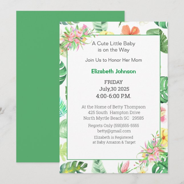 Floral Pink and Green  Baby Shower Invitation (Front/Back)
