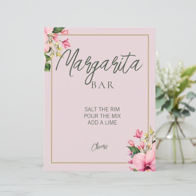 Floral Pink and Green Margarita Bar Sign (Standing Front)