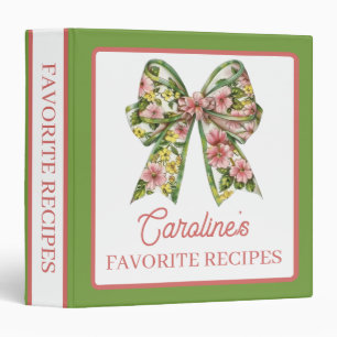 Floral Pink and Green Watercolor Bow Recipe Binder