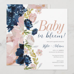 Floral Pink and Navy Gender Reveal Baby Shower Invitation