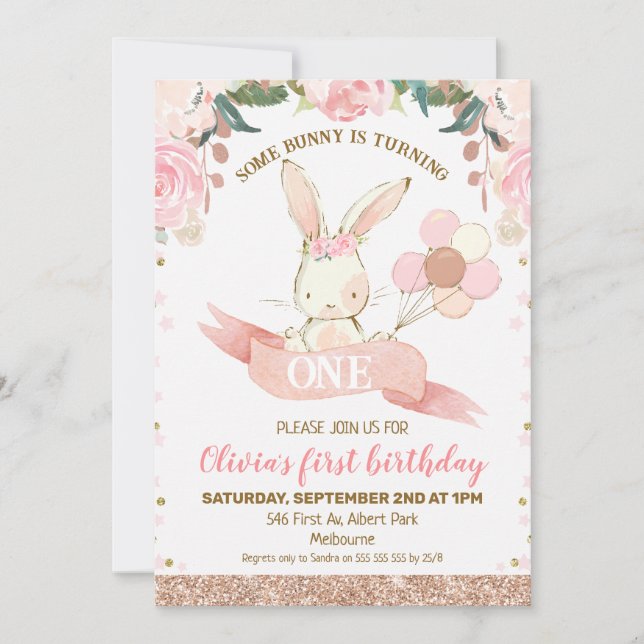 Floral Pink and Rose Gold Bunny 1st Birthday Invitation (Front)