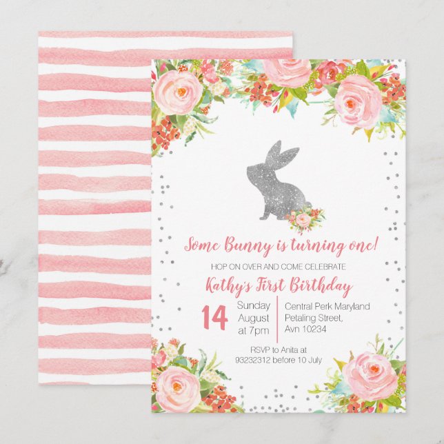 Floral Pink and Silver Bunny Birthday Floral Invitation