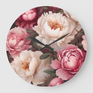 Floral Pink and White Peony Large Clock