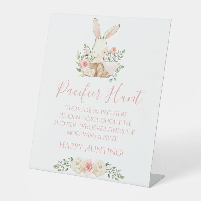 Floral Pink Baby Shower Pacifier Hunt Game Pedestal Sign (Front)