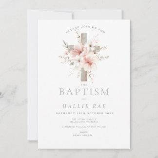 Floral Pink Baptism Invitation with Cross Girl