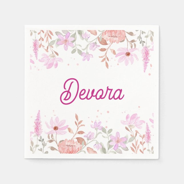 Floral pink bas mitzva napkin with name (Front)
