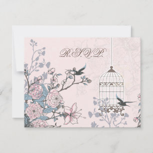 floral pink bird cage, love birds RSVP Card
