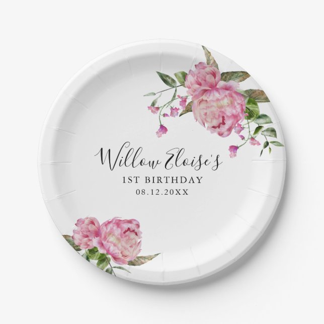 Floral Pink Birthday Party  Paper Plate (Front)