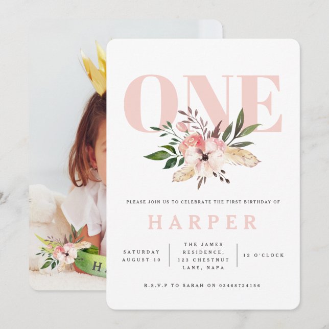floral pink birthday party photo invitation (Front/Back)