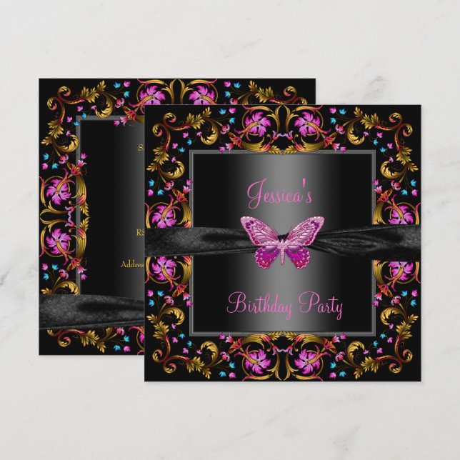 Floral Pink Black Butterfly Birthday Party Invitation (Front/Back)