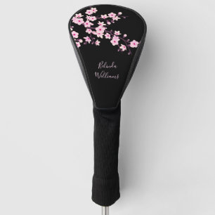 Floral Pink Black Cherry Blossom Monogram Golf Hea Golf Head Cover