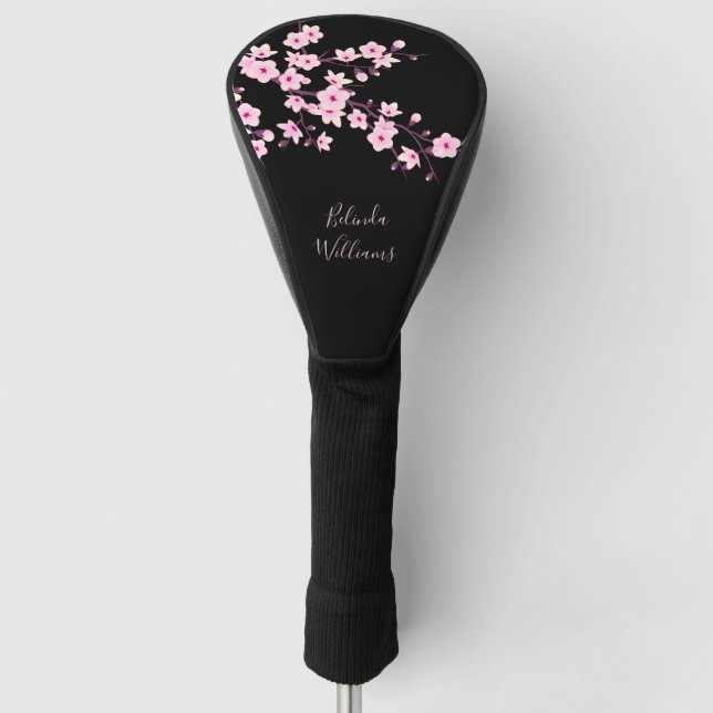 Floral Pink Black Cherry Blossom Monogram Golf Head Cover (Front)