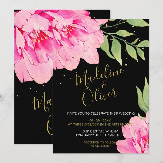 Floral Pink Black Gold Modern Chic Rose Wedding Invitation (Front/Back)
