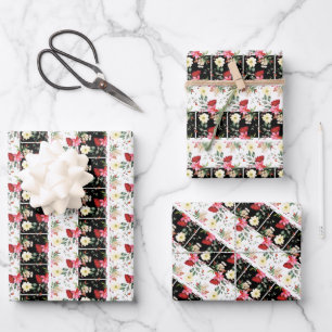 Floral Pink black & white Stripes vintage pattern Wrapping Paper Sheet