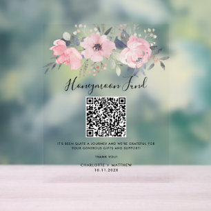 Floral Pink Bloom Honeymoon Fund QR Code Acrylic Sign