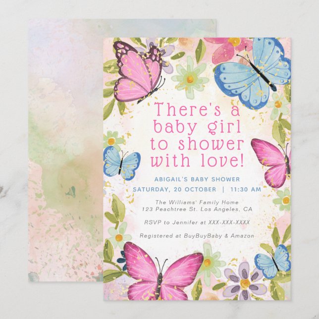 Floral Pink/Blue/Gold Butterflies Girl Baby Shower Invitation (Front/Back)