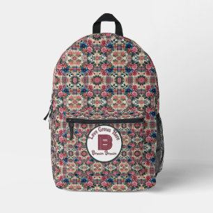 Floral Pink Blue Plaid Monogrammed  Printed Backpack