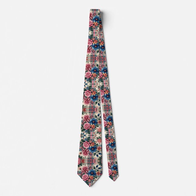 Floral Pink Blue Plaid Monogrammed  Tie (Front)