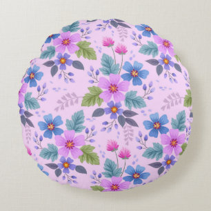 Floral Pink Blue Violet Flowers Pattern-36841 Round Pillow