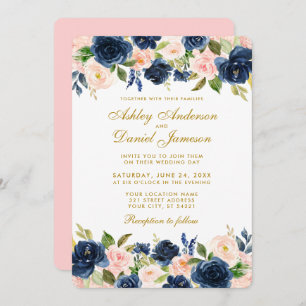 Floral Pink Blush Blue Elegant Gold Wedding R Invitation