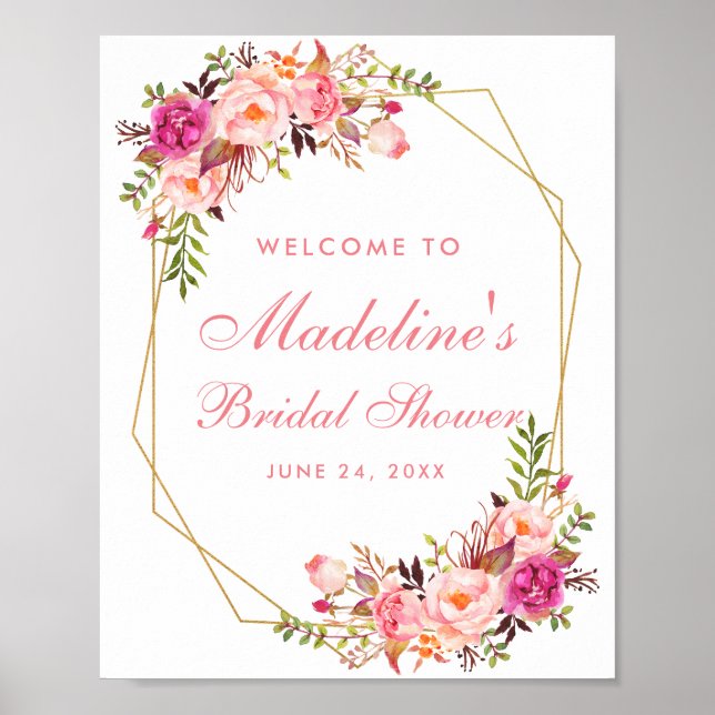Floral Pink Blush Bridal Shower Gold Welcome Poster (Front)