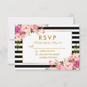Floral Pink Blush Gold Black Stripes RSVP Wedding Card
