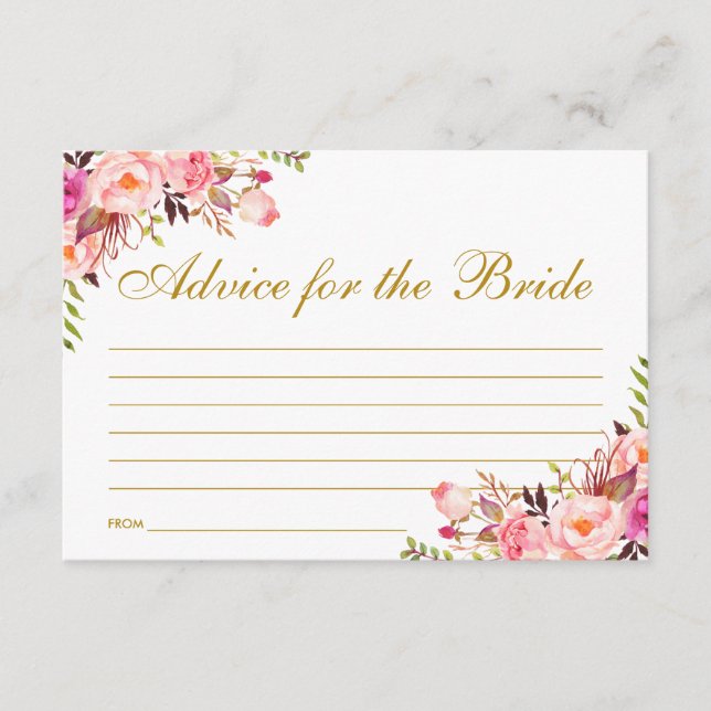 Floral Pink Blush Gold Bridal Shower Advice Card (Front)