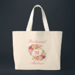 Floral Pink Blush Gold Circle Monogram Bridesmaid Large Tote Bag<br><div class="desc">Watercolor Pink Blush Floral Gold Circle Monogram Bridesmaid Tote Bag - Large</div>