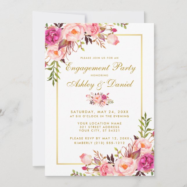 Floral Pink Blush Gold Mariage Invitation Fiançail (Devant)