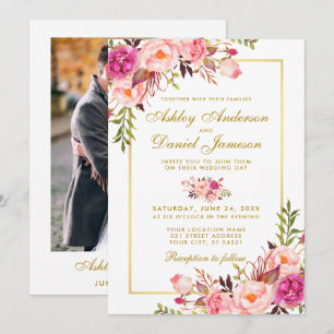 Floral Pink Blush Gold Photo Wedding Invitation