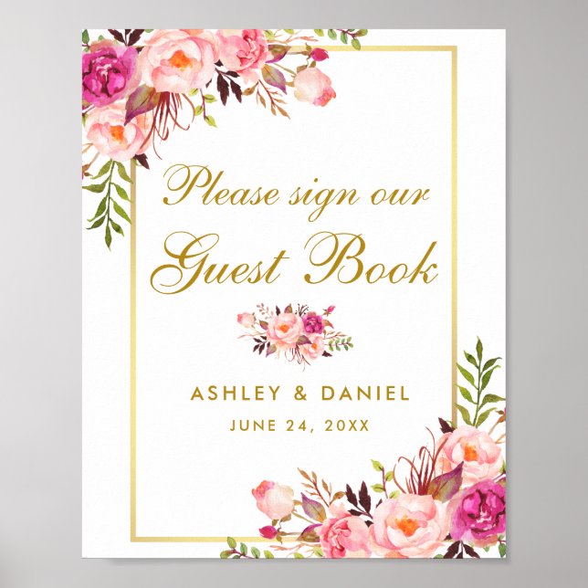 Floral Pink Blush Gold Wedding Guest Book (Front)