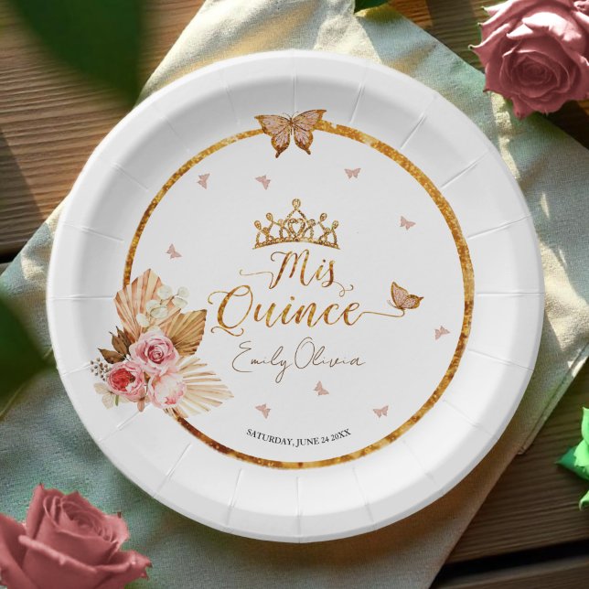 Floral Pink Blush Gown Quinceanera Paper Plates (Creator Uploaded)