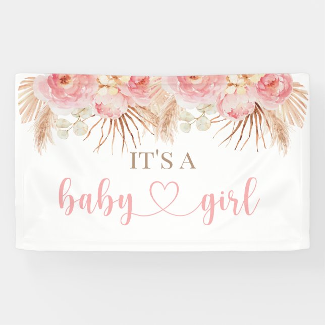 Floral Pink Boho Pampas baby showerbanner Banner (Horizontal)